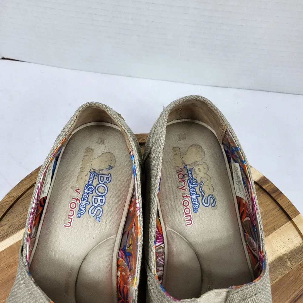 BOBS Skechers Espadrille Women 7 Taupe Platform Slip On 34101 Jute Textile